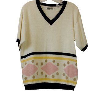 Haberdashery (Leslie Fay), Size L, White/ Lower Pastel Striped V-Neck Sw…